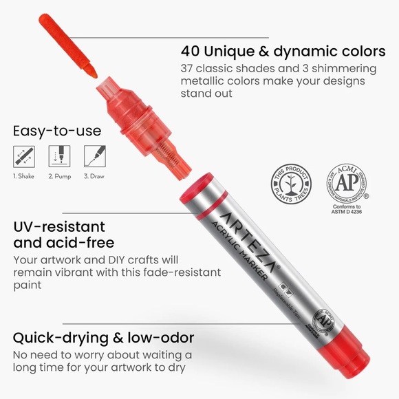 Arteza Acrylic Paint Markers, Set of 40 - w/Replaceable Round and Chisel Nibs - Picture 2 of 4